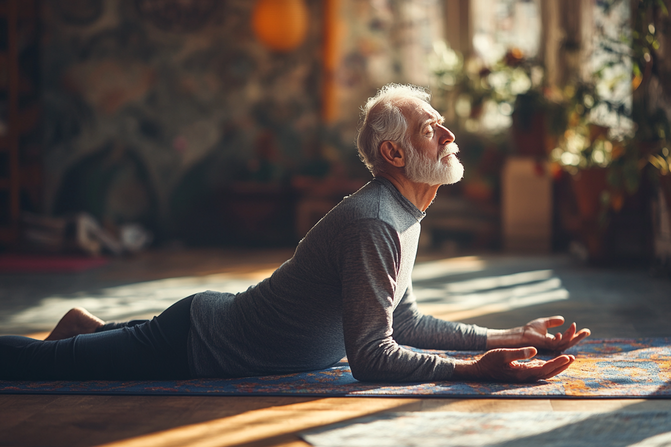 Senior practică yoga cu ajutorul tehnologiei moderne